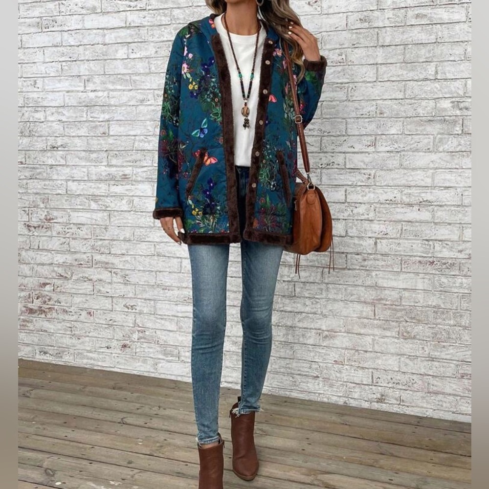 EMERY ROSE Floral & Butterfly Print Contrast Trim Hooded Coat  3XL - Picture 5 of 15